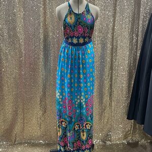 Vibrant Vintage Floral Halter Maxi Dress